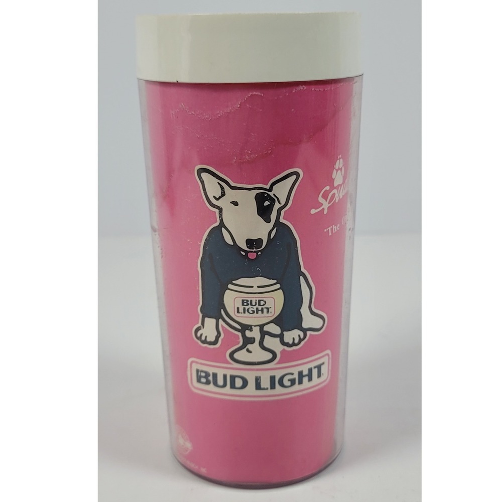 Vintage Bud Light Spuds MacKenzie Pink Tumbler Thermo-Serv 1980s Beer Cup USA